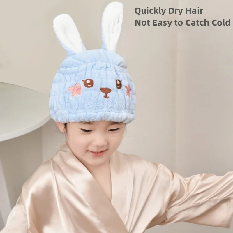 Infant Dry Hair Cap Thickened Coral Fleece Kids Cartoon Rabbit Ears Baby Towel Shower Cap Children Absorbent Quick Dry Hair Hat