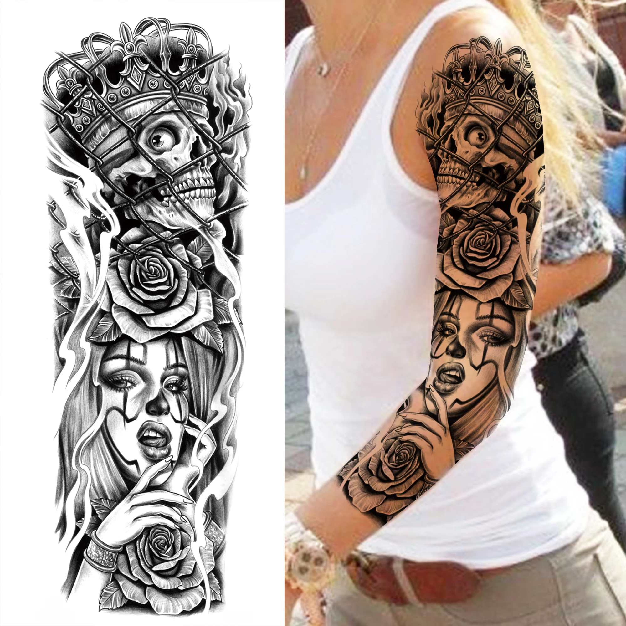 늑대 사자 호랑이 마오리 문신 스티커 1장 남녀 성인용 풀 슬리브 팔 꽃 장미 해골 문신 스티커 장식