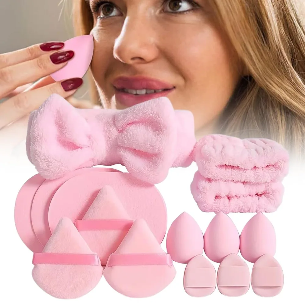 Zestaw 15 szt. opasek na głowę i opasek na nadgarstki do spa z gąbką do makijażu, z mikrofibry, chłonne, bez lateksu, do pielęgnacji twarzy, pod prysznic, do jogi i podróży.