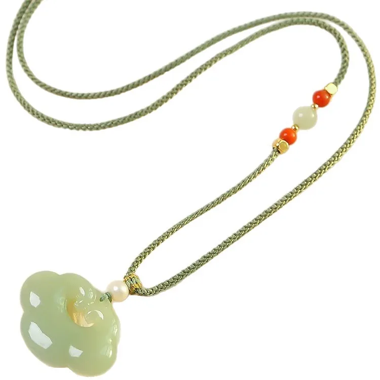 Natural Hetian Jade Peace Ruyi Lock Pendant Necklace for Women Genuine Jade Jewelry for Birthday Gifts