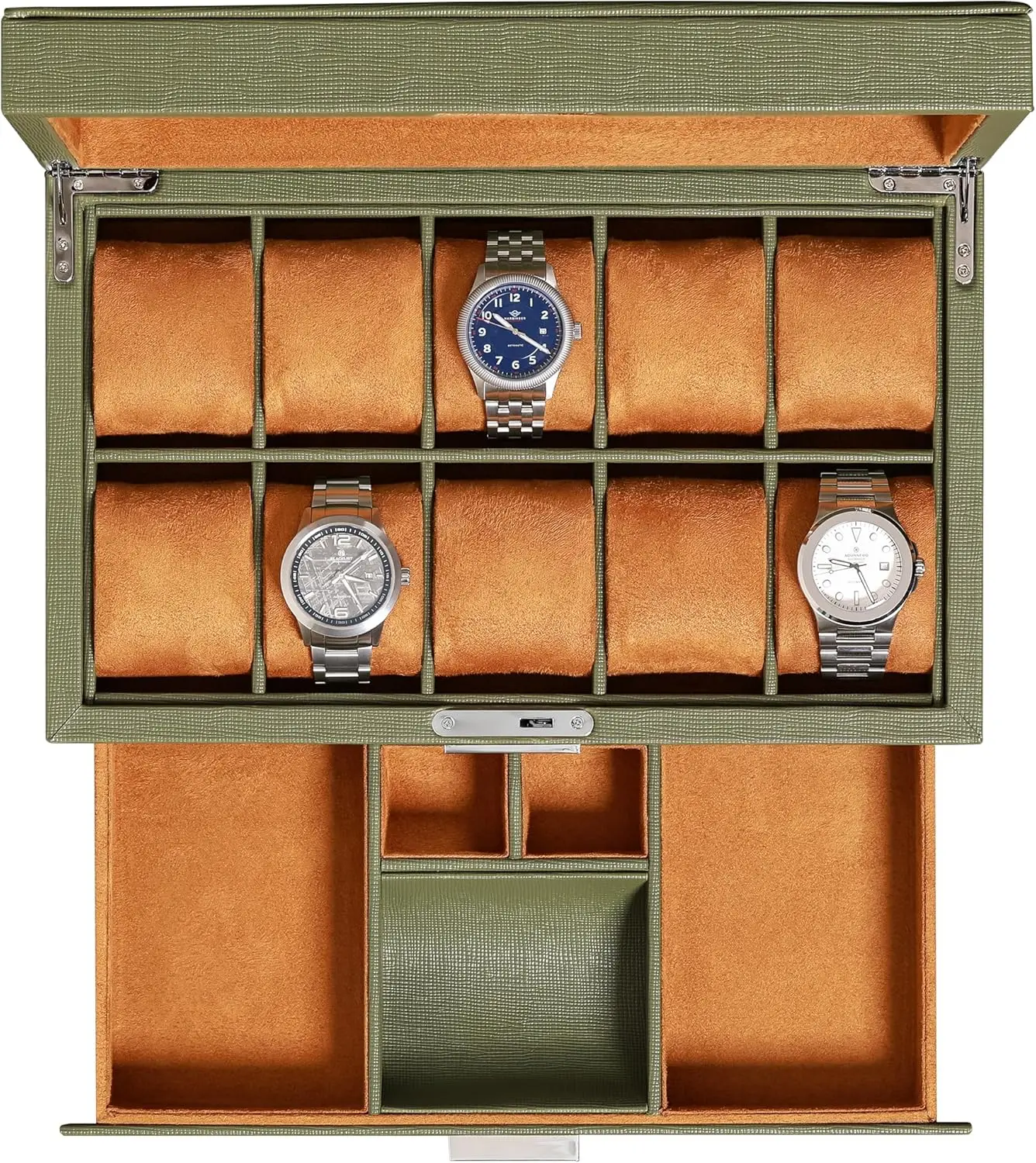 

10-Slot Watch Box in Leather with Valet Drawer, Luxury Watch Case Display Organizer with Ultra Soft Microsuede Liner, Jewelry an