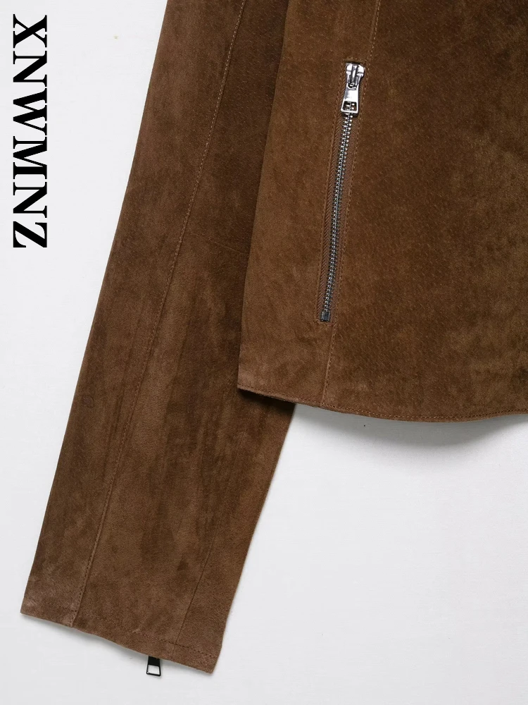 XNWMNZ 2025 Herfst Vrouw Vintage Woon-werkverkeer Turn-down Kraag Leren Jas Eenvoudige Mode Vrouwen Kleding BRUIN Casual Bovenkleding