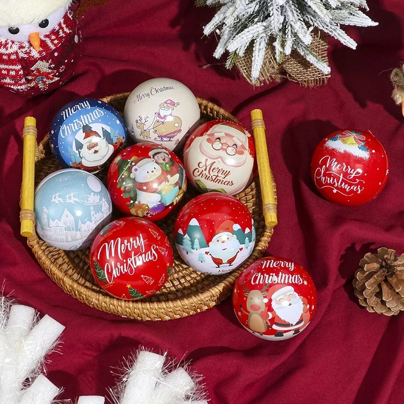 Christmas Candy Box Tin Ball Candy Can Gift Packaging Box Printing Round Ball Shaped Mini Box Kids Gift Tree Hanging Supplies