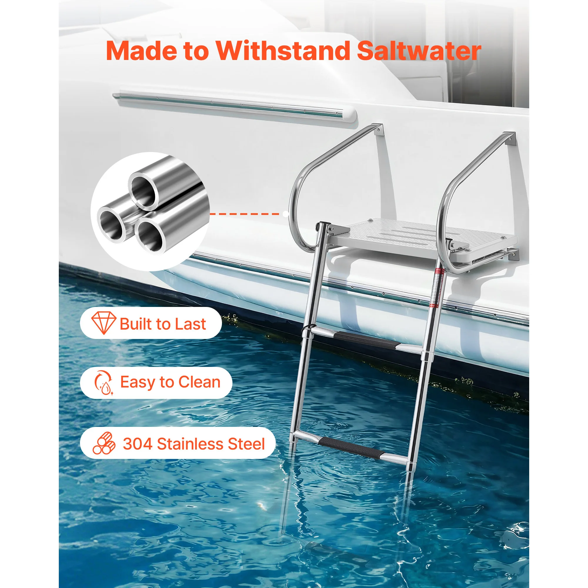 SucceBuy 3 Steps Boat Ladder Stainless Steel 400 lbs Telescoping Folding Swim Deck Ladder with Handrails for Outboards Yacht