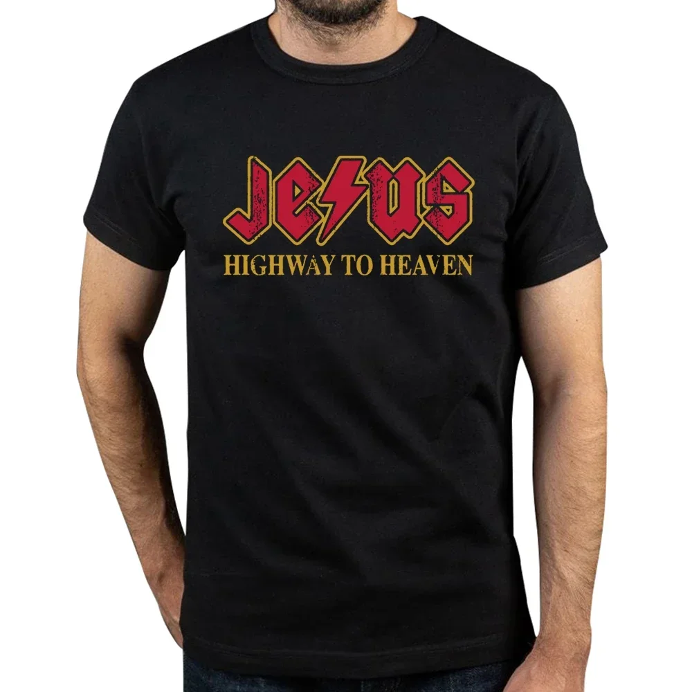 Vintage Jasos Rocks Highway To Heaven T-Shirts for Men O Neck Cotton T Shirt Christ Christian Religion Tees Printed Clothing