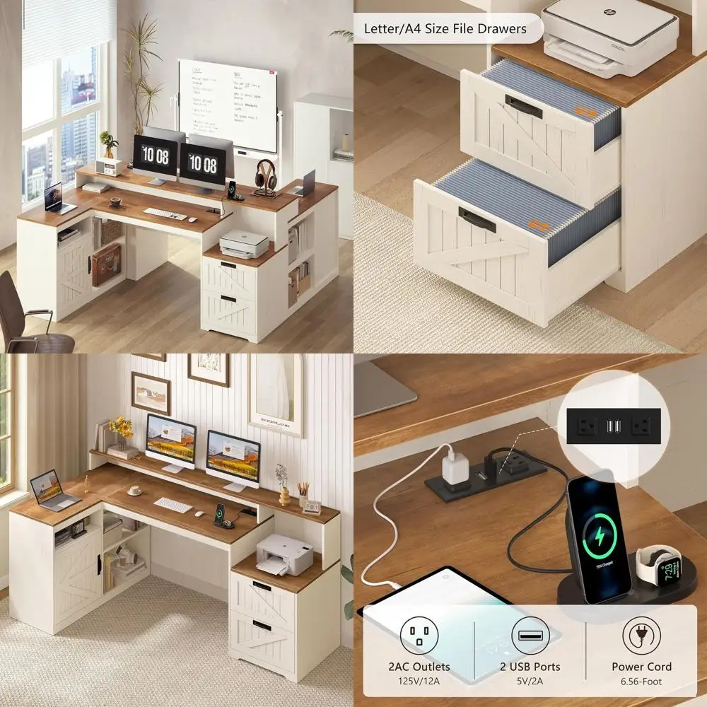 L-Shaped Desk with Drawers, 62.2 Office Desk with Storage and Power Outlet, Computer Desk with Monitor Stand and Printer Shelf,