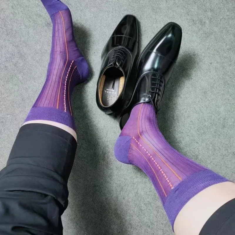 2 Pairs Men Purple Striped Dress Socks Classic Elegance Nylon Business Suit Socks Casual Formal Crew Socks for Office Wedding