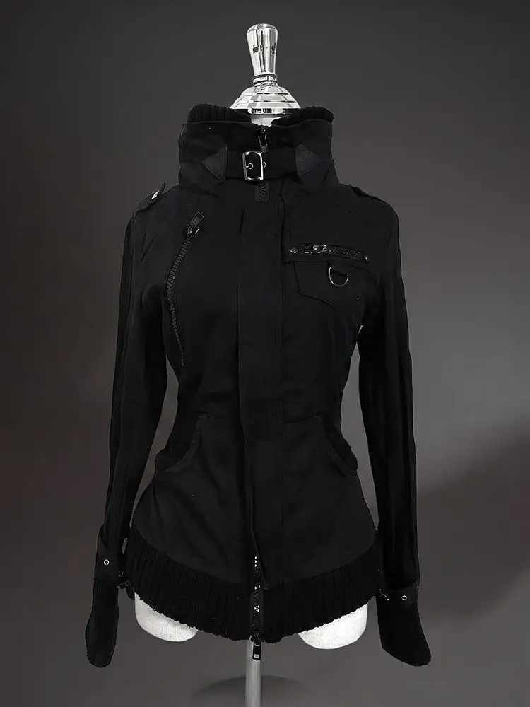 Vintage Subculture Gothic Jacket Women Slim Fit Zipper Buckle D-ring Pocket Decor Ribbed Hem Cuff Autumn Streetwear Outerwear