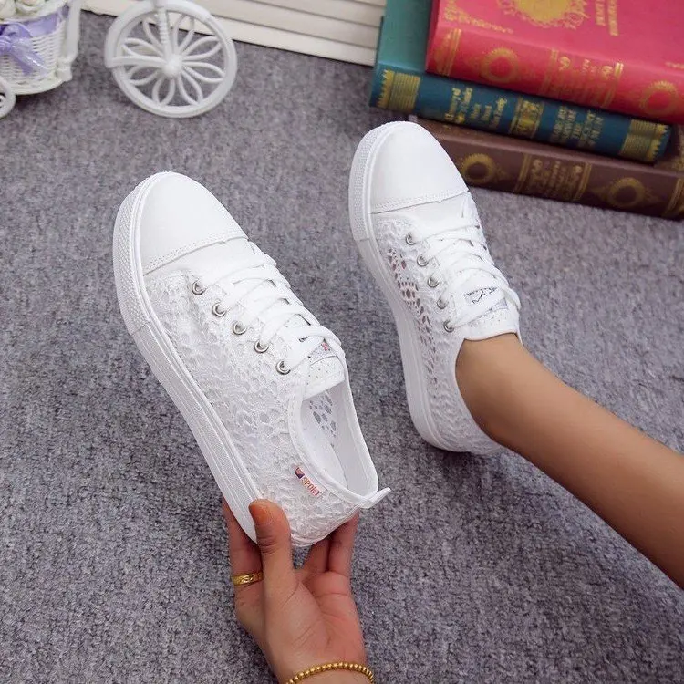 Women Shoes 2023 Fashion Summer Casual White Shoes Cutouts Lace Canvas Hollow Breathable Platform Flat Shoes Woman Sneakers