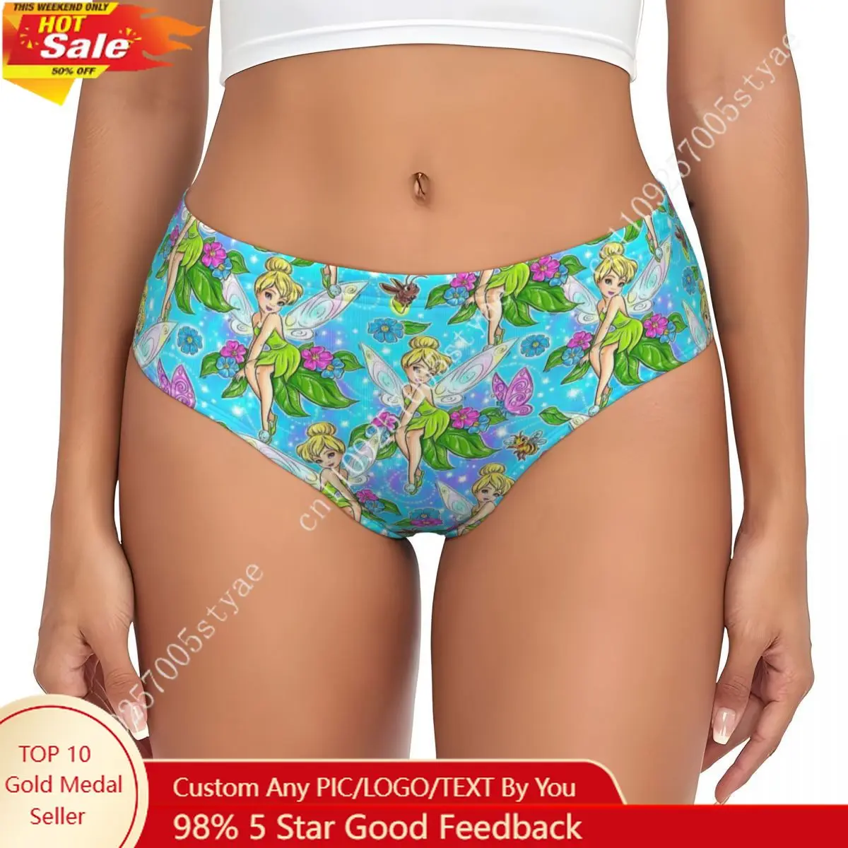 Calcinhas Femininas Personalizadas com Desenhos de Fadas Tinkerbell, Roupa Íntima Macia