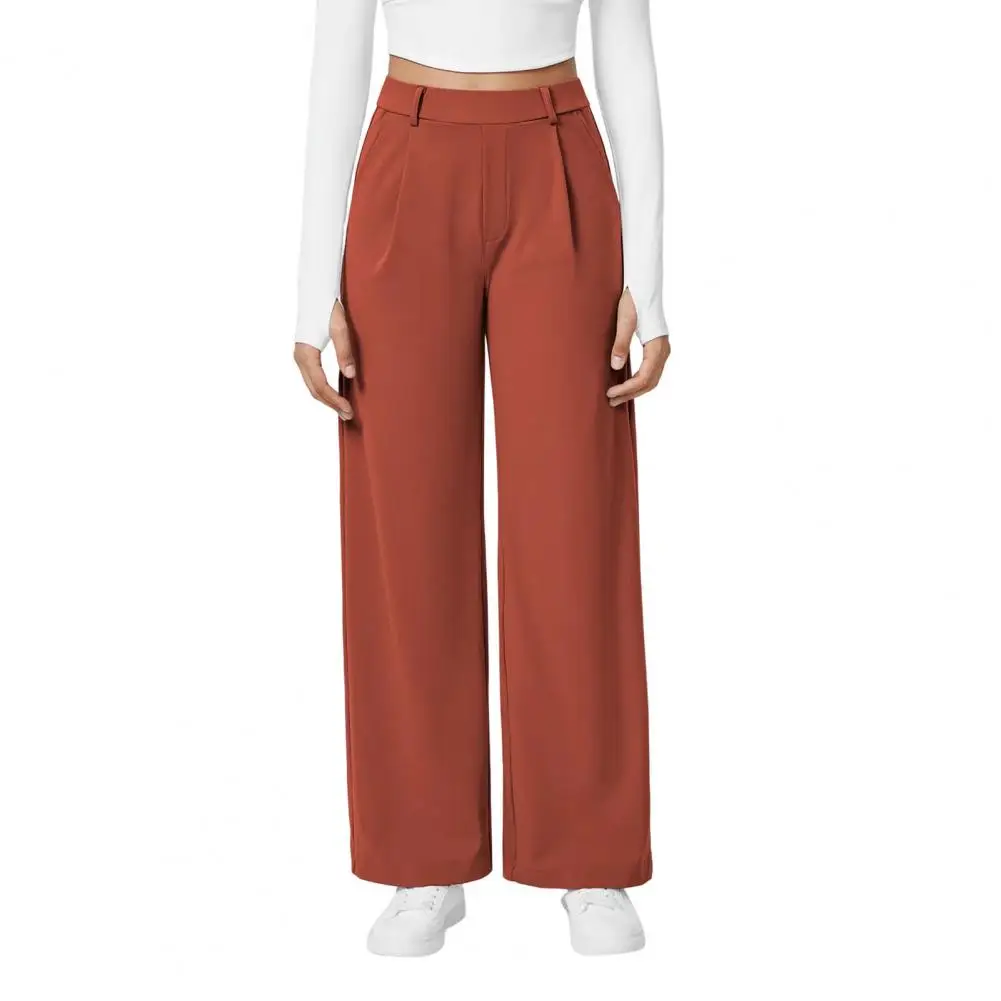 Summer Women Pants, High Waist Wide Leg Business Suit Trousers, Pure Color With Side Pockets, Wrinkle Resistant Casual Pants