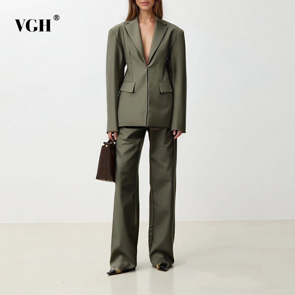 

VGH Solid Slimming Designer Spliced Lace Up Two Piece Sets For Women V Neck Long Sleeve Top High Waist Pants Female Fashion New