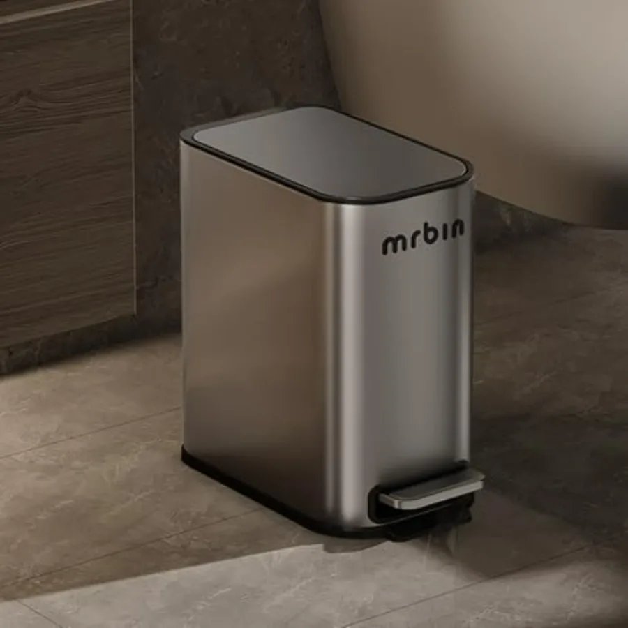 

Stainless Steel Small Bathroom Trash Can with Lid 1.6 Gallon Slim Metal Step Waste Basket Eclipse Grey Foot Pedal for Narrow Be