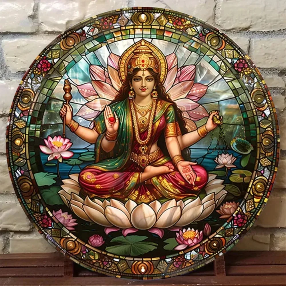لوحة فنية جدارية من الألومنيوم عتيقة من Lakshmi - نمط زجاجي ملون، 7.8 × 7.8 بوصة، آلهة هندية على عرش اللوتس