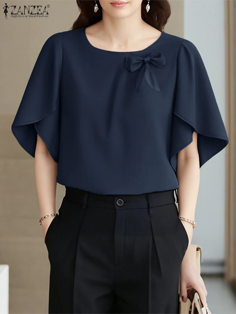 เสื้อผู้หญิงลำลอง ZANZEA คอทรงโอ แขนทรงกลีบดอกไม้ครึ่งแขน แต่งโบว์ สีพื้น เสื้อท่อนบน ฤดูใบไม้ร่วง 2025 เสื้อผ้าผู้หญิง 3 สี ขายส่ง
