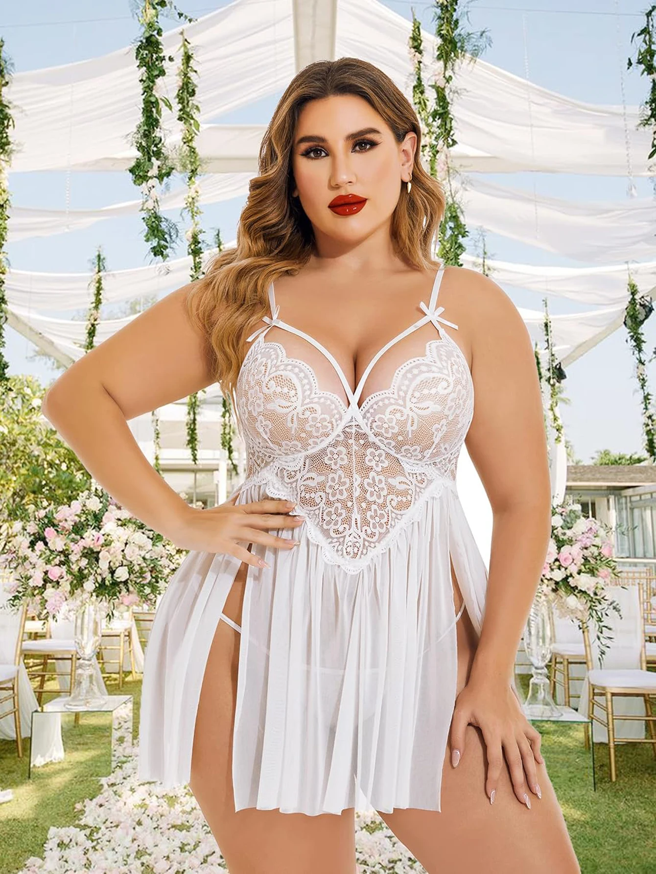 Plus Size Lace Babydoll Lingerie for Women - Sheer Mesh Chemise Nightgown with Side Slit & Bow Decor, Sexy Sleepwear Dress view 3