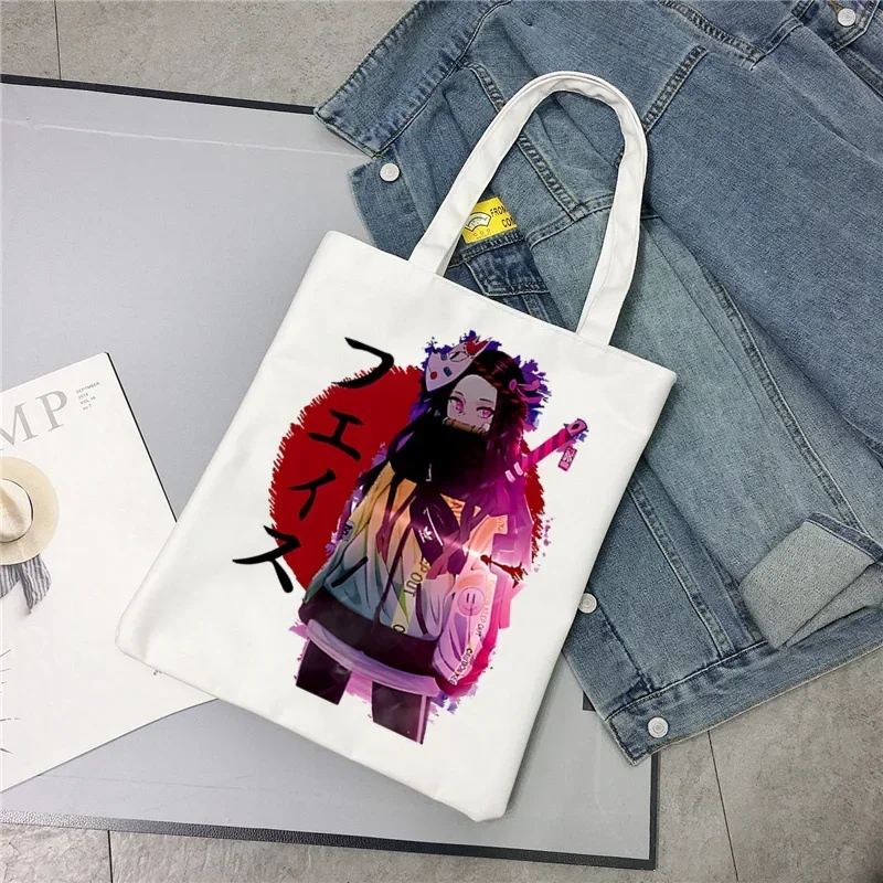 Kamado Tanjirou Anime Demon Slayer Nezuko Canvas Shoulder Tote Bag Handbags Eco Reusable Shopping Bag Vintage Ulzzang Bags