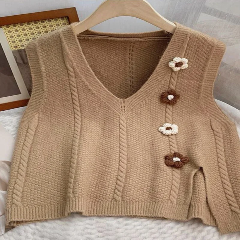 

Sweater Vests Women Solid All-match Autumn V-neck Knitting Sleeveless Pullover Simple Retro Fashion Loose Lady Streetwear Female