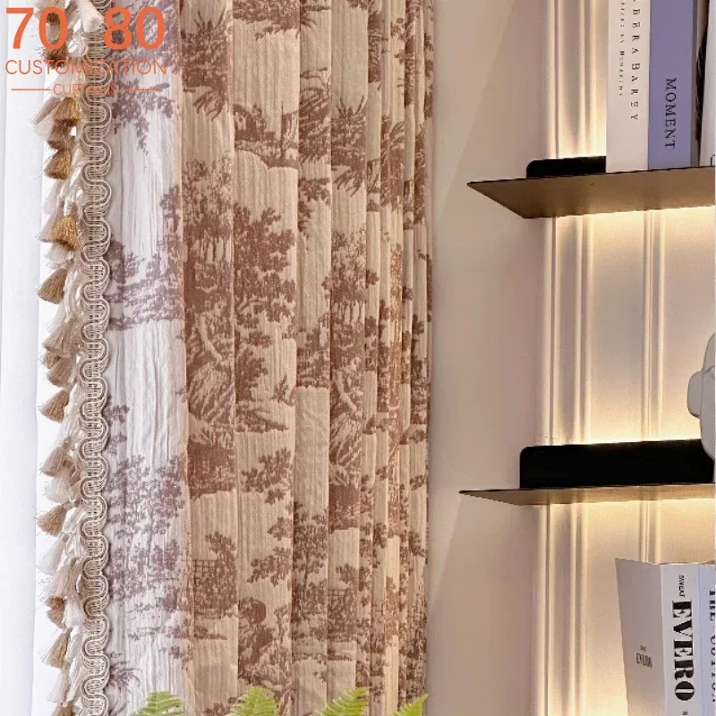 Cream Jacquard Crimped Tassel Lace Retro Curtains for Living Room Bedroom French Window Balcony Window Customized Tulle