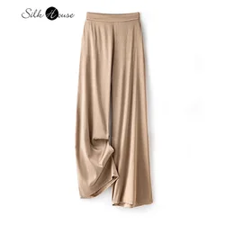 2024 Women's Fashion Summer New 93% Natural Mulberry Silk Elastic Herringbone Khaki Office Commuter Straight Leg Pants