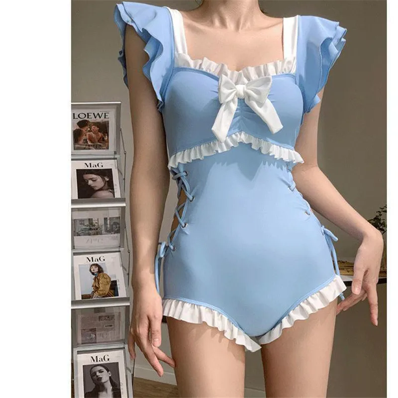 

holiday Cute Ruffled Bow Korean Swimwear String Cross Sexy One Piece Swimsuit Women 2025 Conservative Bather Backless Bodysuit