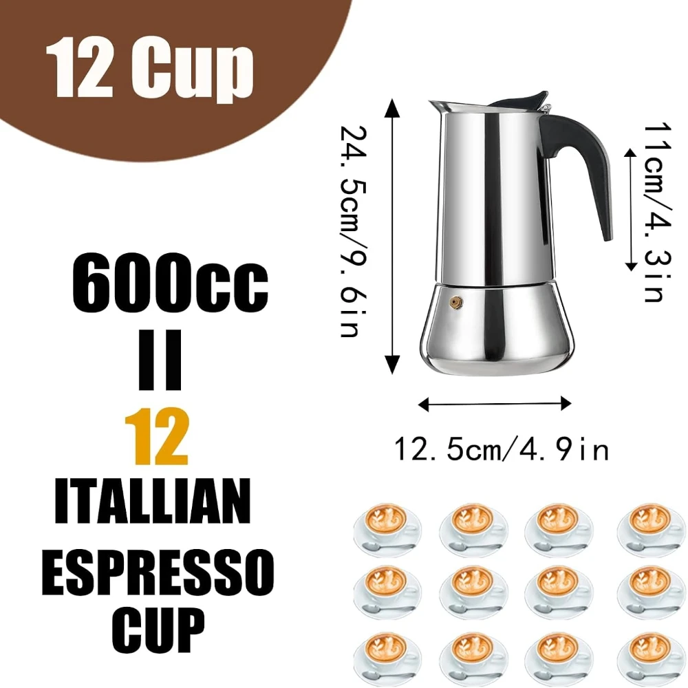 Premium 12 Cup 600ml/20OZ Stainless Steel Moka Pot Stovetop Espresso Maker Induction Cooktop for Home Camping Office view 6