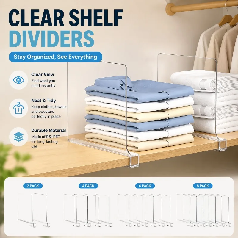 Transparent Closet Shelf Dividers for Wardrobe Organizer, PS+PET Baffle for Clothes, Sweaters and Towels