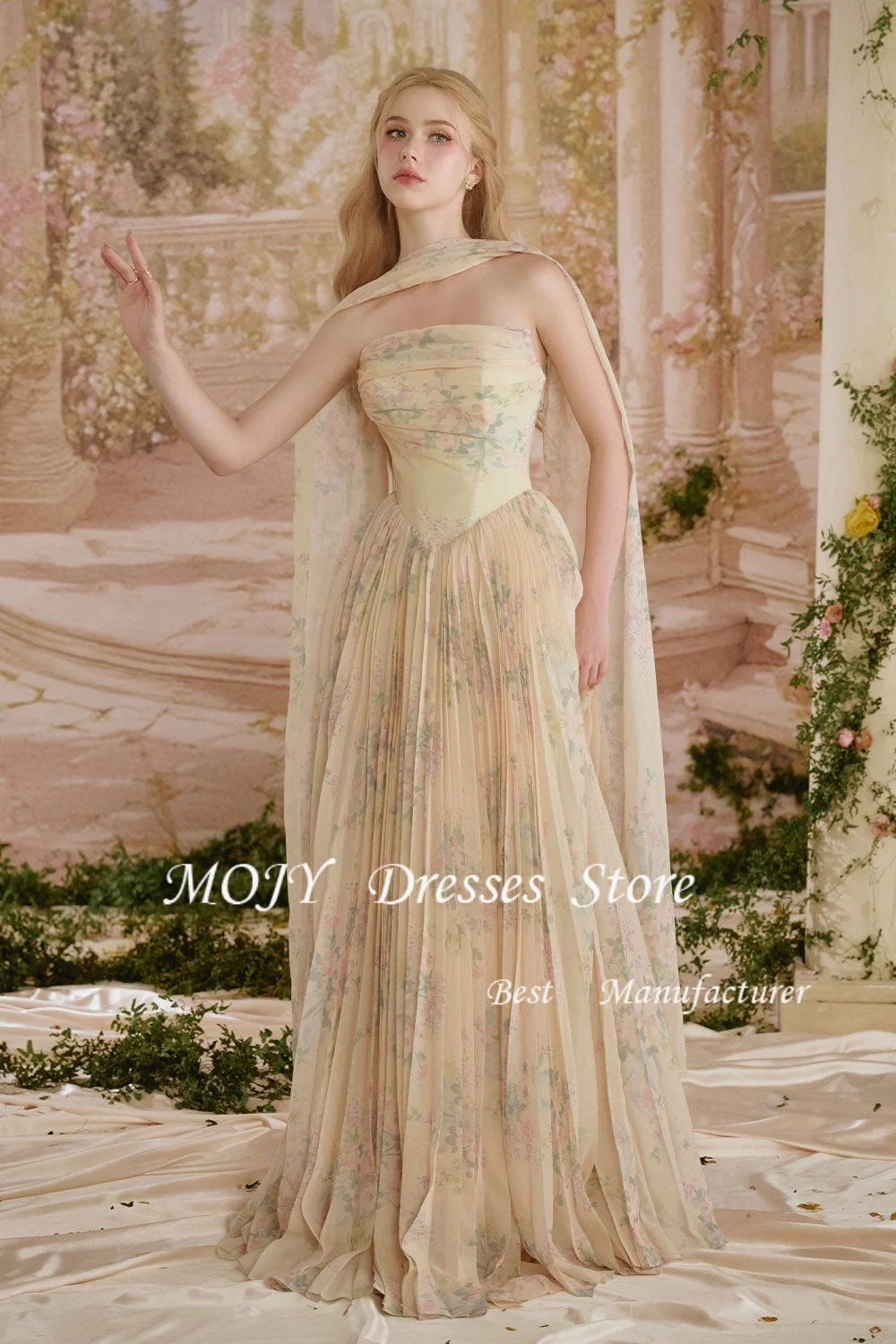 Mojy Prinzessin Creme A-Linie Druck Trägerlose Ballkleider Ärmelloser Schal Partykleider Formeller Abend Maßgeschneiderter Garten 2026