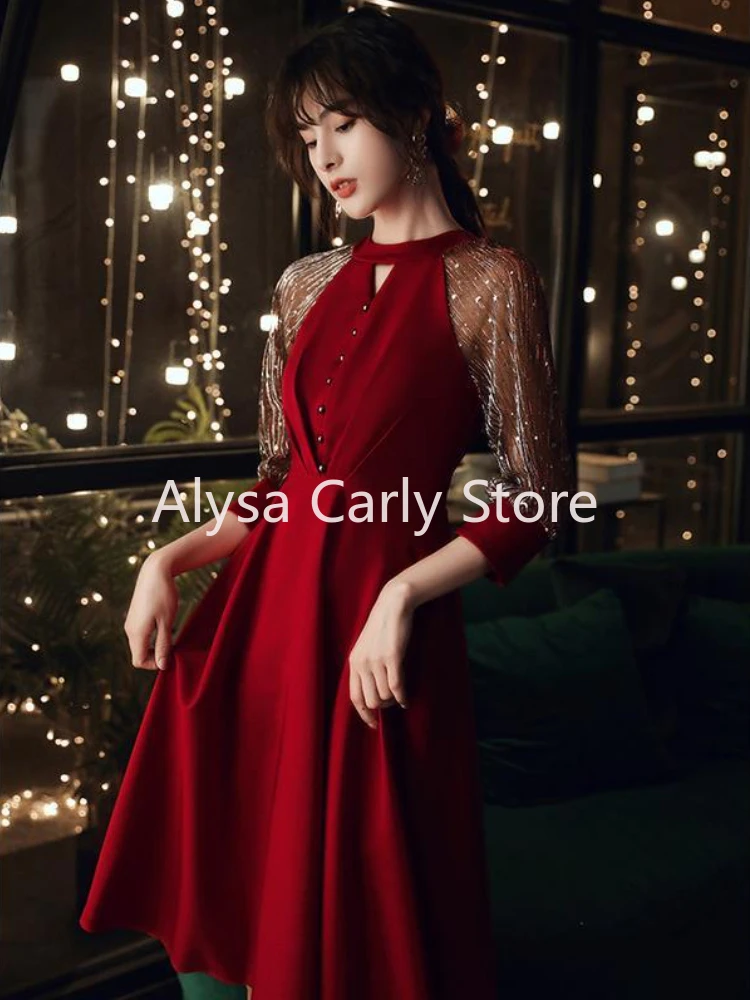 Elegant Vintage Fairy Dress Women Red Patchwork Korean Style Sequined Dress Female 2023 Autumn Casual Evening Party Dresses Chic