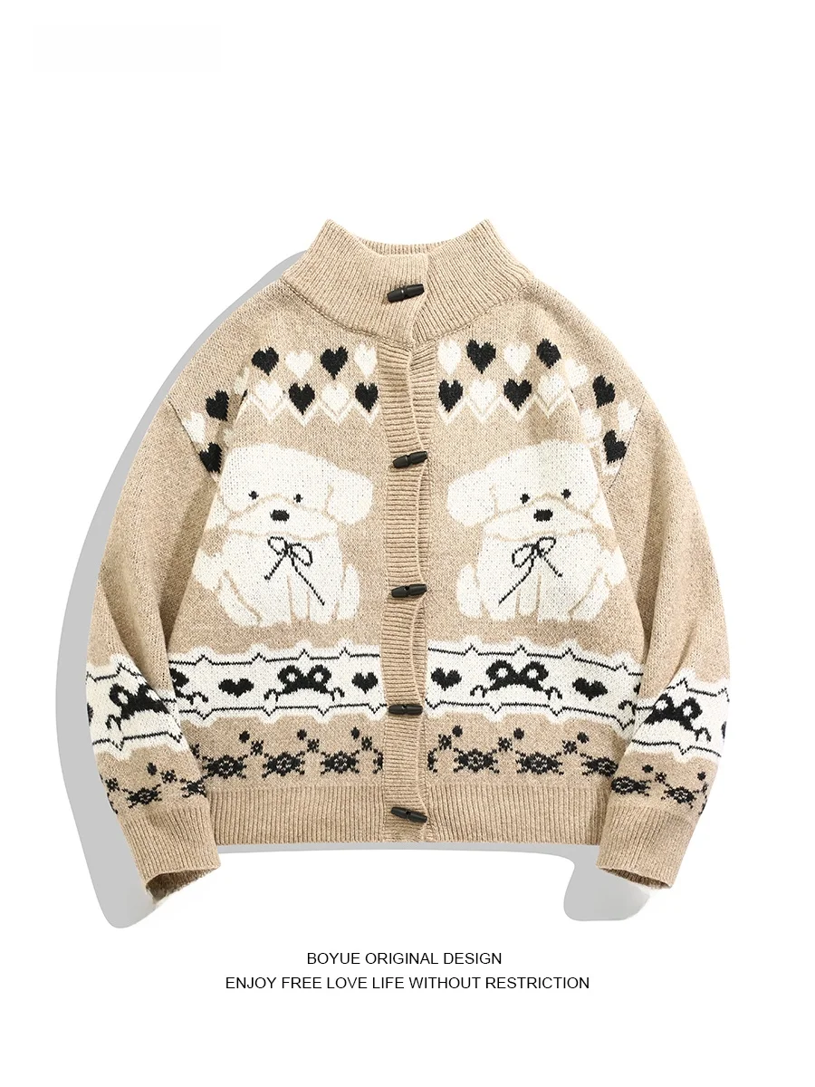 

Boyue Lazy Cartoon Dog Knitted Sweater Button up Casual Loose Fit Men's Winter Cardigan Faionable Warm Long Sve Top