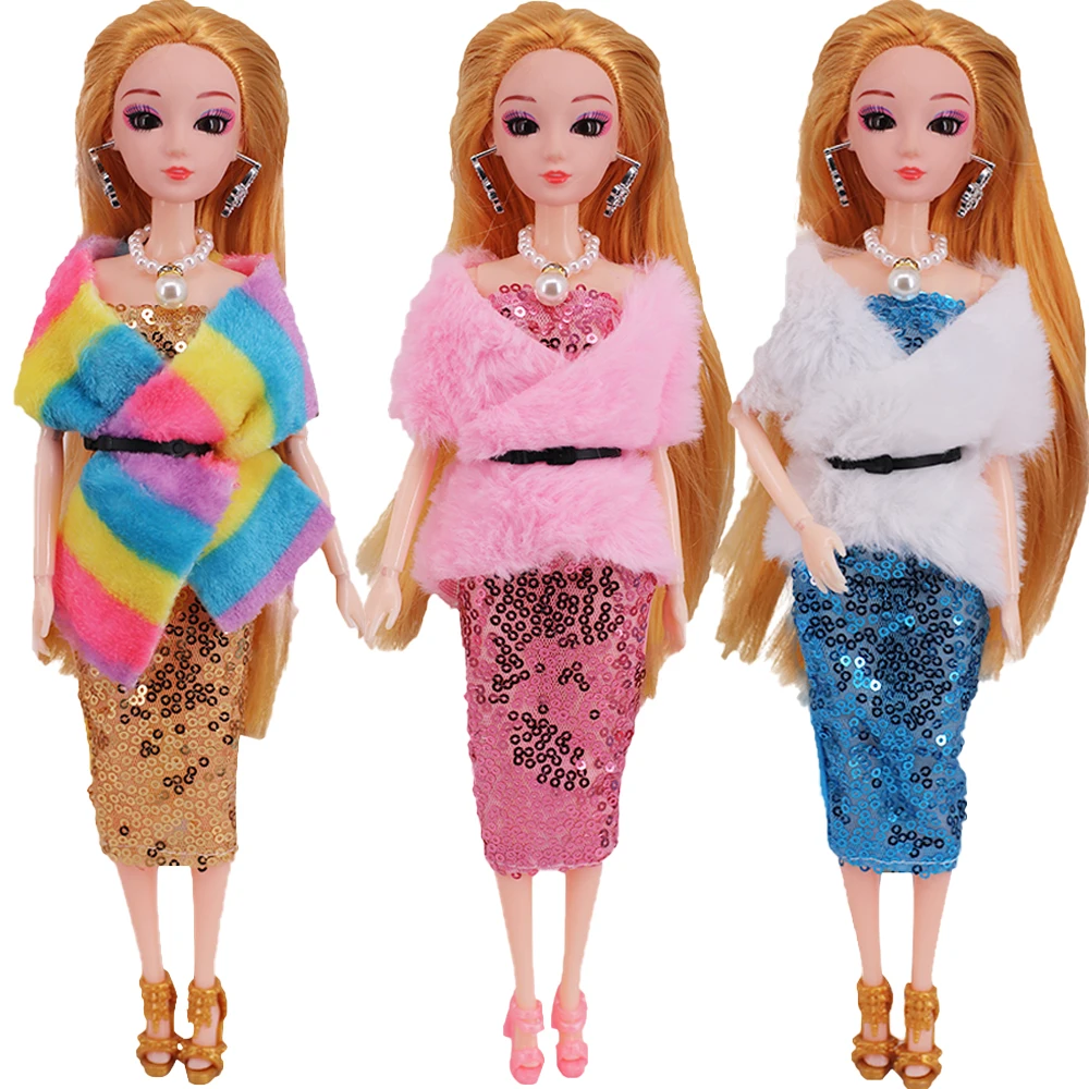 Pop Doll Clothes Plush Coat+Sequin Dress Outfit Clothing For 30cm Dolls&1/6 BJD Doll Accessories Shoes Bag Girl's Toys Gift