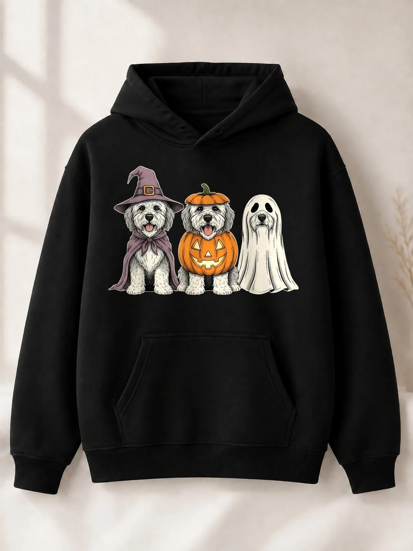 Cute Cartoon-Style Men's Hoodie Featuring Three Dogs Dressed as Witch and Pumpkin, Halloween Autumn Theme, a Gift for Dog Lovers and Friends