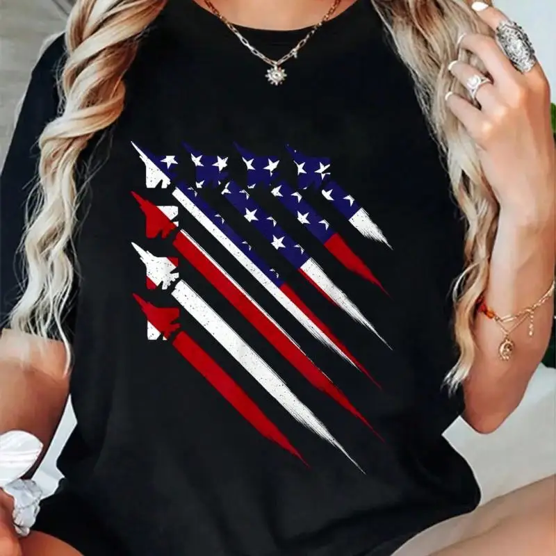

Women's Printed Short Sleeve Patriotic 4th Of July Jet USA American Flag T-shirt The Design Is Novel And Unique Machine Washable