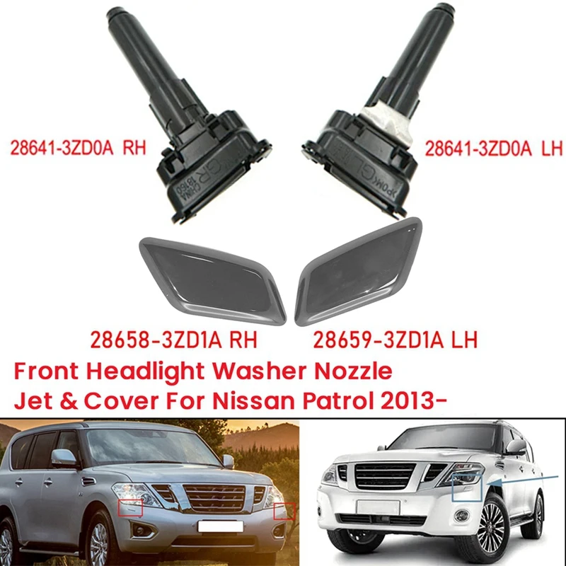 4Pcs/Set Front Headlight Washer Nozzle &Headlamp Jet Cover For Nissan Patrol 2013- 28641-3ZD0A/28642 28658-3ZD1A/28659