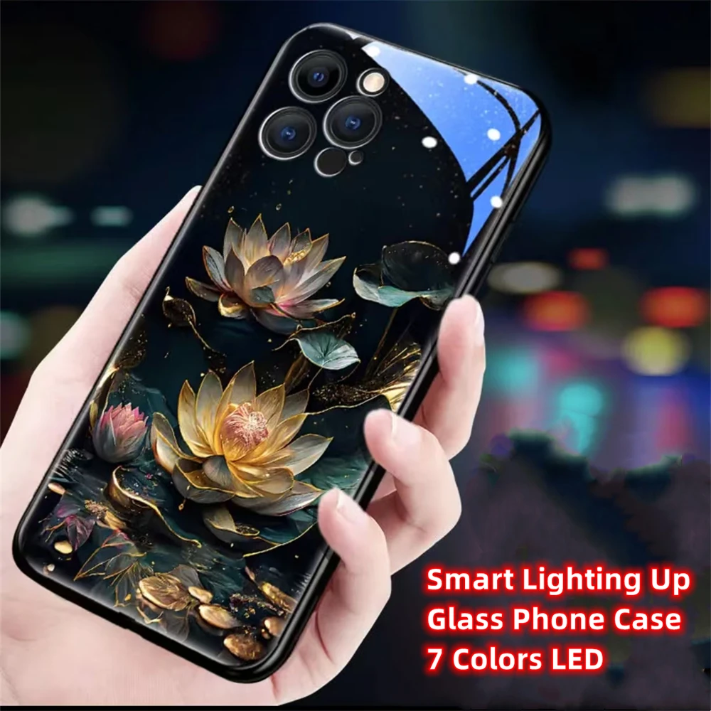 Golden Lotus Flower Sound Control LED Flash Case Luminous Glass Cover For Samsung S24 S23 S22 S21 S20 FE Note 10 20 Plus Ultra