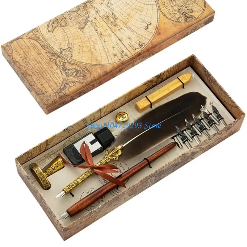 Retro Dip Pen Flat Round Replacement Nibs Pen Rods Gift Pen Set