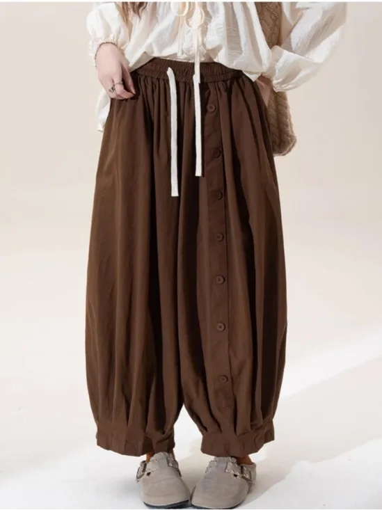 High Waist Coffee Color Loose Cuffed Casual Harem Pants Women's Spring Summer Vintage Loose Fit Trousers Straight Leg Pants