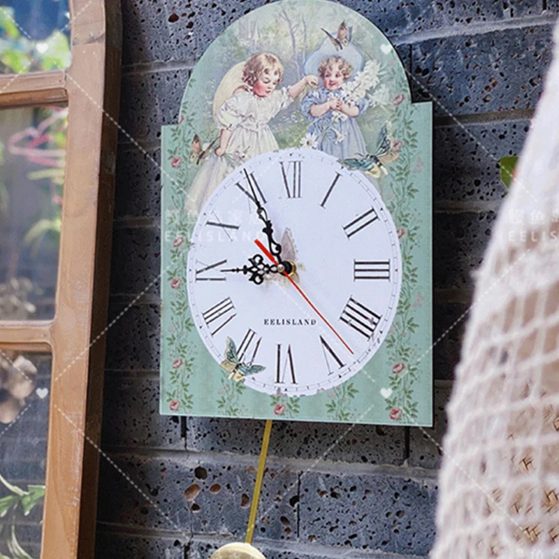 Wood Clock Special-Shaped Retro Angel Printing Wall Clock Living Room Bedroom Study Silent Swing Wall Clock Home Decoration