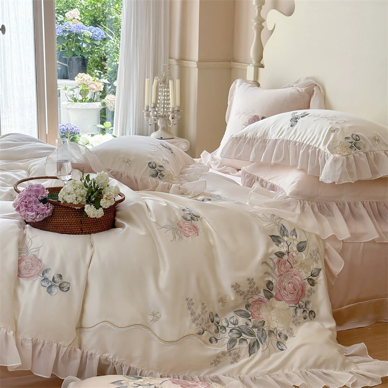 100% Cotton Floral Embroidery Bedding Set French Ruffle Lace Duvet Cover Set Elegant Rose Comforter Cover Bed Sheet Pillowcases