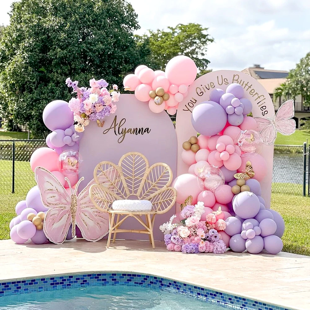 Pastel Pink Purple Balloon Garland Kit Gold Butterfly Cutouts Props DIY Birthday Baby Shower Wedding Party Decor Backdrop