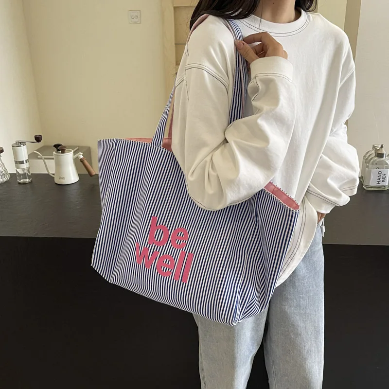 

Korean style new large-capacity tote bag reversible fashionable striped canvas bag with letter printing