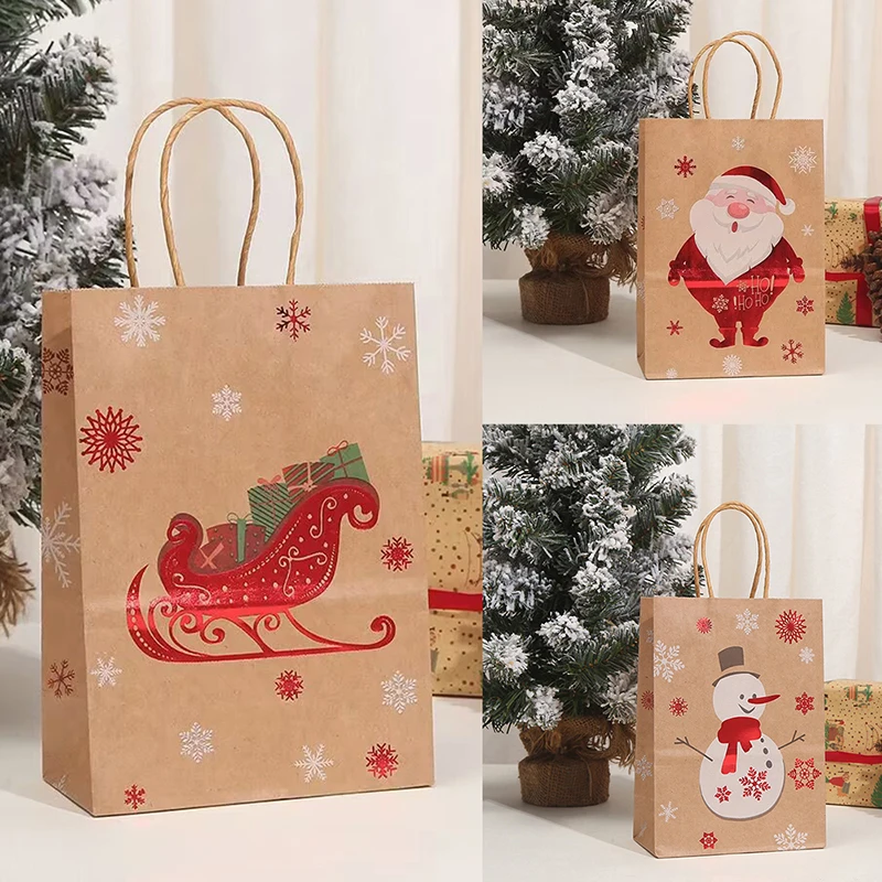 1Pcs Christmas Tote Kraft Paper Bag Reusable Grocery Shopping Totes Holiday Party Favor Bag Gilded Design Durable Storage Bag