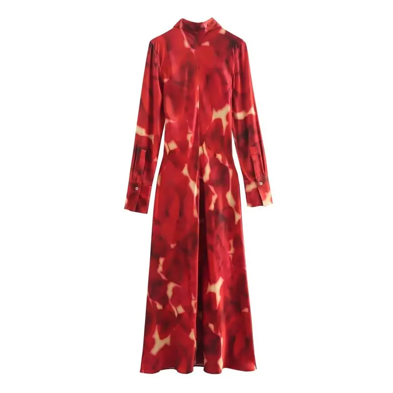Ele Autumn Winter New Arrival Women's Dr Silk Satin Print Long Sve irt Dr Versatile Quali Faion 9092