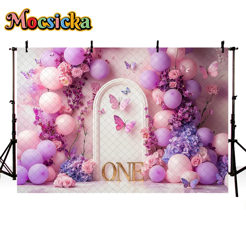 Mocsicka Photography Background Purple Balloons Butterfly Wonderland Girl Birthday Party Cake Smash Decor Photo Backdrop Studio