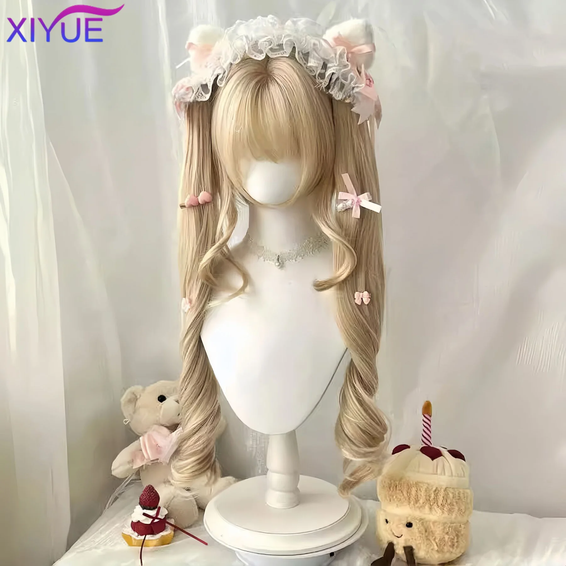 XIYUE Blonde Twin Ponytail Princess Cut Natural Short Hair Synthetic Wigs With Bangs Women Heat Resistant Cosplay Lolita Hair