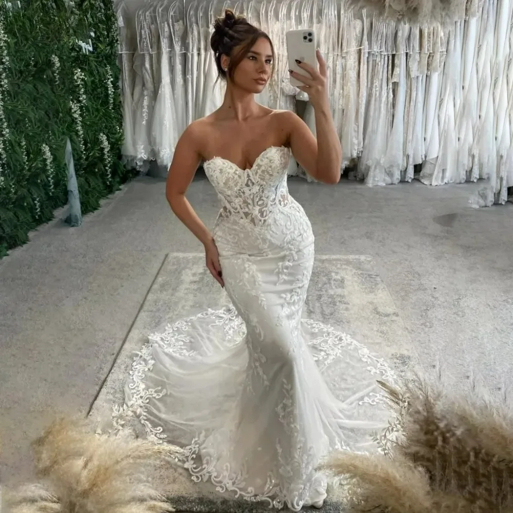 

Роскошные свадебные платья-русалки без рукавов с аппликациями и кружевом, свадебные платья Robe De Mariage, свадебные платья, индивидуальный пошив