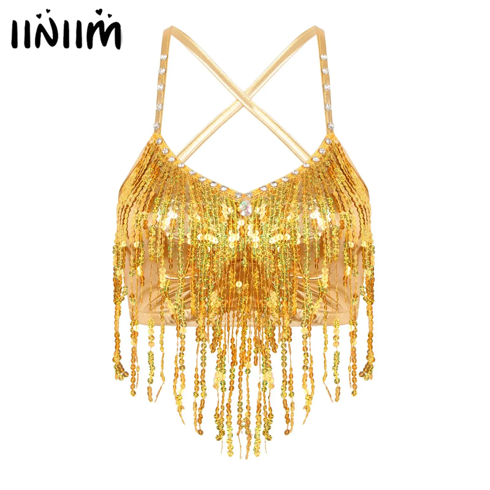 Womens Shiny Sequin Belly Dance Vest Tops Fringed Crop Top Rhinestone V Neck Sleeveless Camisole Tops for Stage Performance