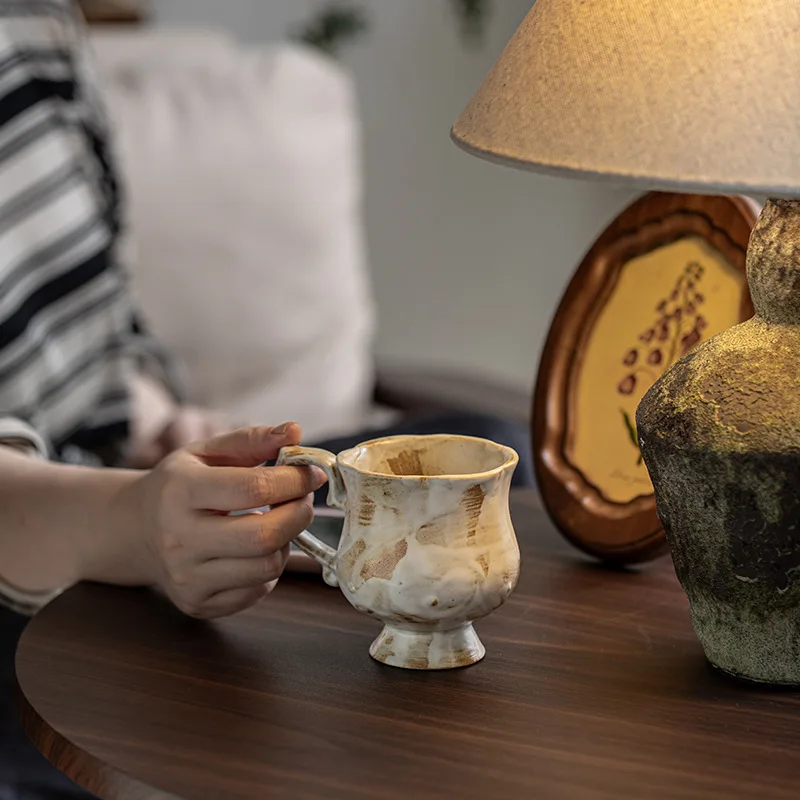 

Vintage High Foot Mug Retro Stoneware Flower Coffee Cup Ceramic Mug