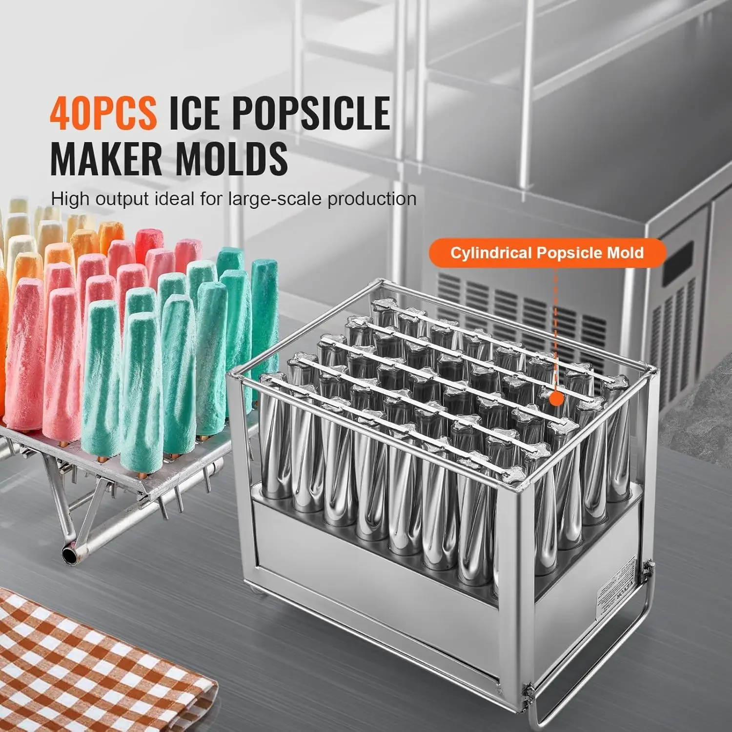 Commercial Popsicle Moulds, 40PCS Cylindrical Ice Pop Moulds, Stainless Steel Ice Lolly Popsicle Moulds, Ice Cream Maker