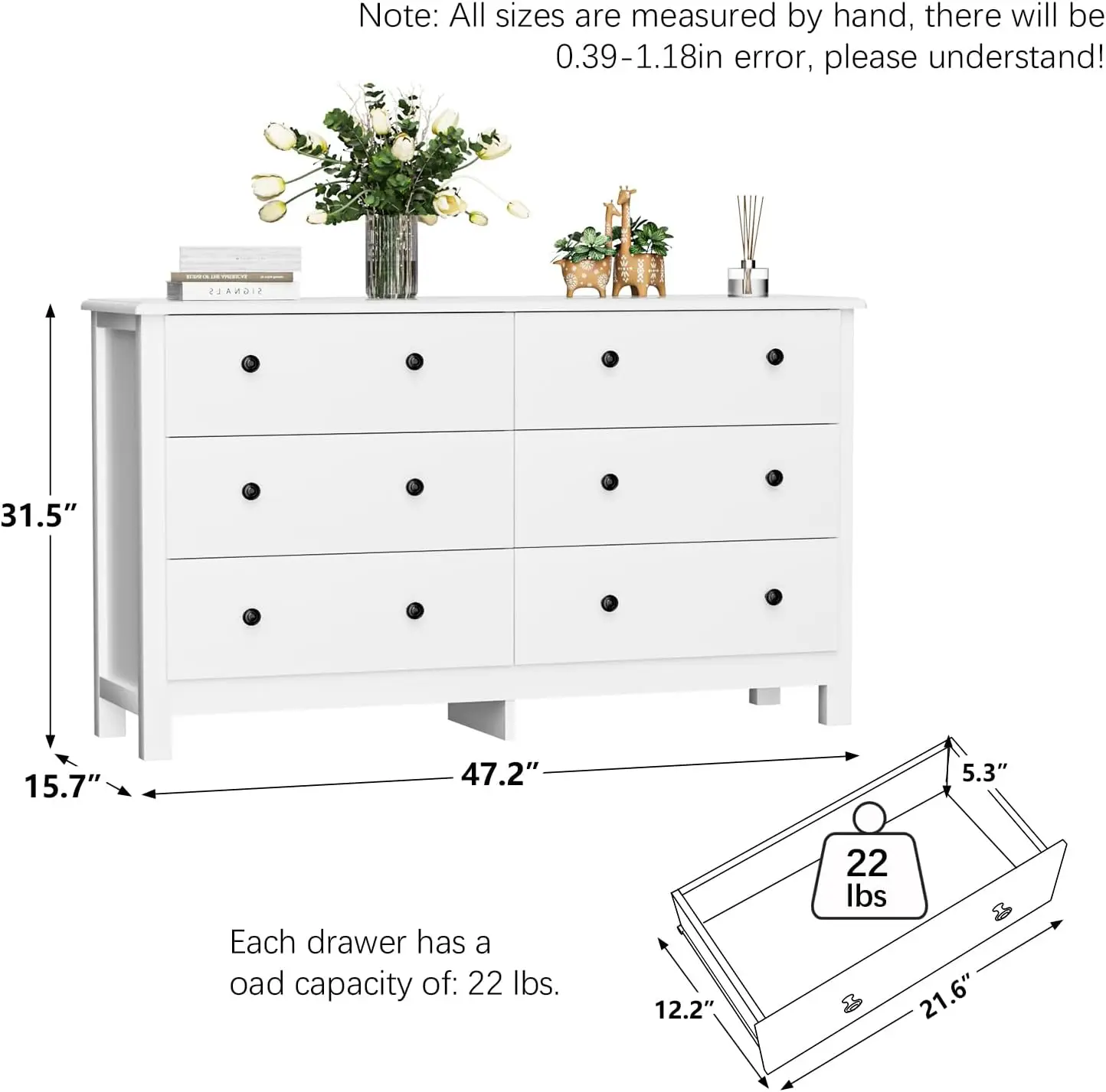 White Dresser, Modern 6 Drawer Double Dresser for Bedroom Adults & Kids with Black Pulls, Wide Dressers & Chests of Drawers, 6